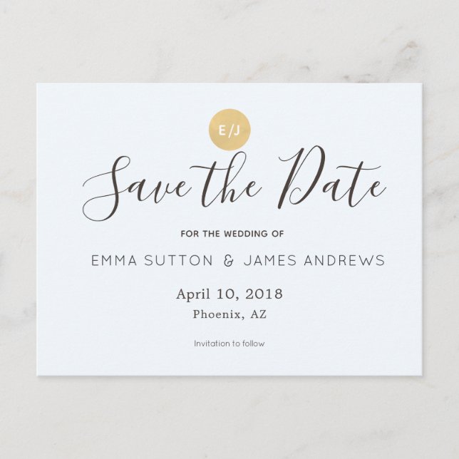 Simple Modern Blue Gold Save the Date Postcard (Front)