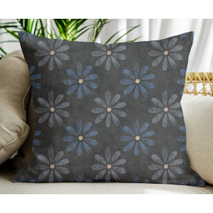 Simple Modern Blue Grey Flower pattern Black Throw Pillow