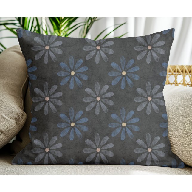 Simple Modern Blue Grey Flower pattern Black  Throw Pillow (Creator Uploaded)