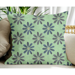 Simple Modern Blue Grey Flower pattern Sage Green Throw Pillow