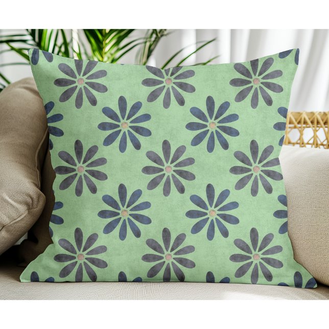 Simple Modern Blue Grey Flower pattern Sage Green Throw Pillow (Creator Uploaded)