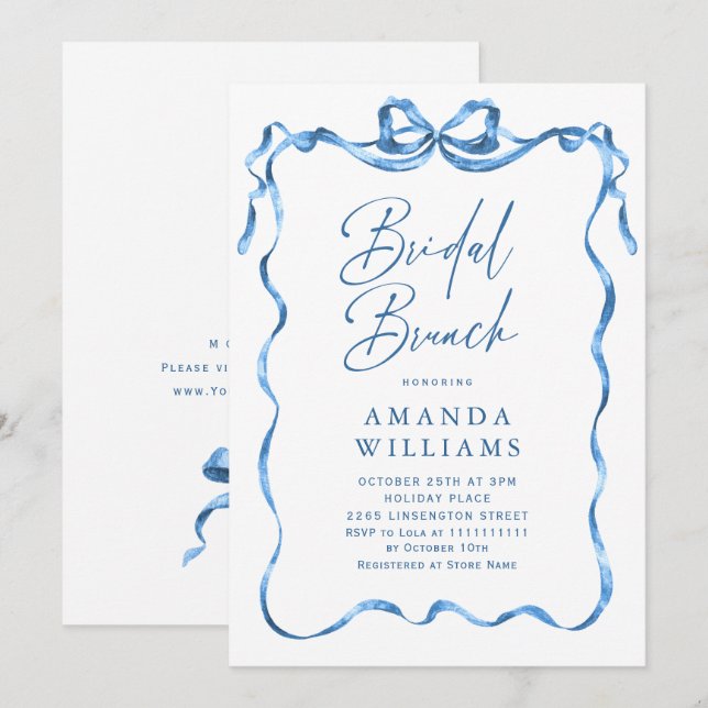 Simple Modern Blue Hand Drawn Bow Bridal Shower Invitation (Front/Back)