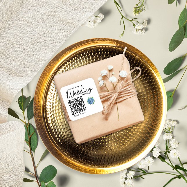 Simple Modern Blue Hydrangea Wedding QR Code Square Sticker (Creator Uploaded)