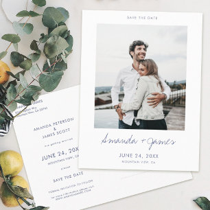 Simple Modern Blue Script Photo Save the Date Anno Announcement Postcard