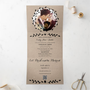 Simple Modern Boho Black Leaf Wreath Wedding Tri-Fold Invitation