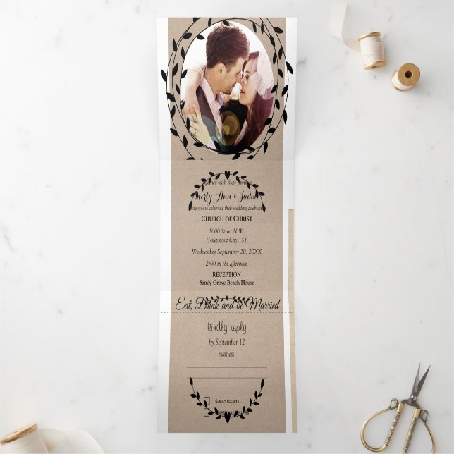 Simple Modern Boho Black Leaf Wreath Wedding Tri-Fold Invitation (Inside)