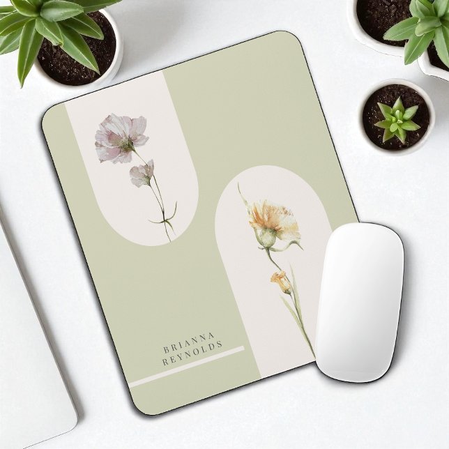 Simple Modern Boho Wildflowers on Sage Green Mouse Pad (Creator Uploaded)