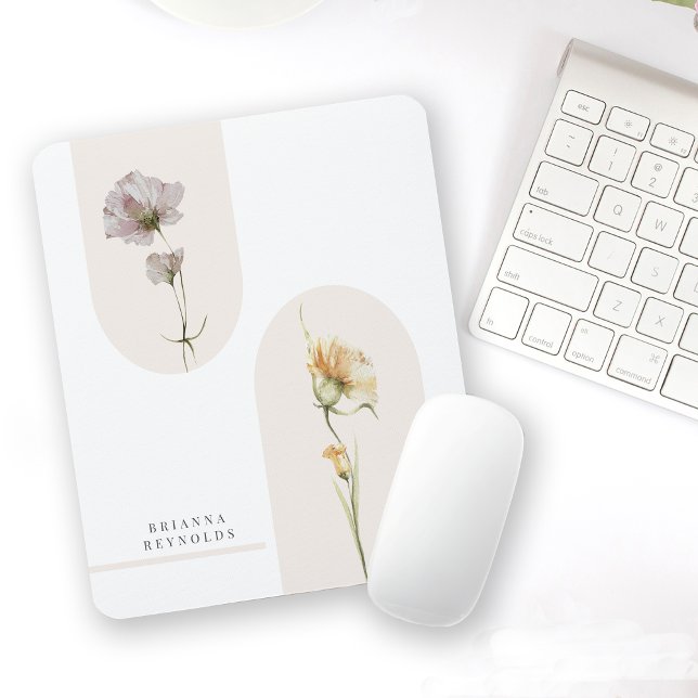 Simple Modern Boho Wildflowers on White Mouse Pad (Creator Uploaded)