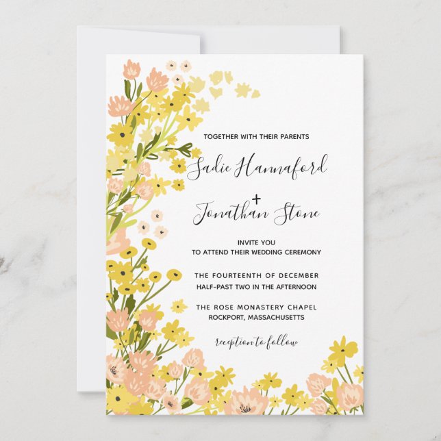 Simple Modern Boho Yellow Pink Floral Wedding Invitation (Front)