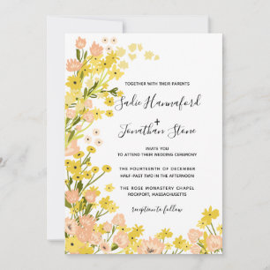 Simple Modern Boho Yellow Pink Floral Wedding Invitation