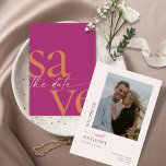 Simple Modern Bold Photo Magenta Orange Save The Date<br><div class="desc">These 5" x 7" save the date cards feature a minimalist design in vibrant orange and cream letters on a magenta background with placeholders on the back for the engaged couple names,  wedding date,  and venue information and your favourite photo!</div>
