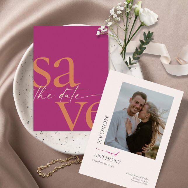 Simple Modern Bold Photo Magenta Orange Save The Date (Creator Uploaded)