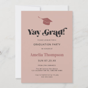 Simple Modern Bold Pink Grad Cap Party Graduation Invitation