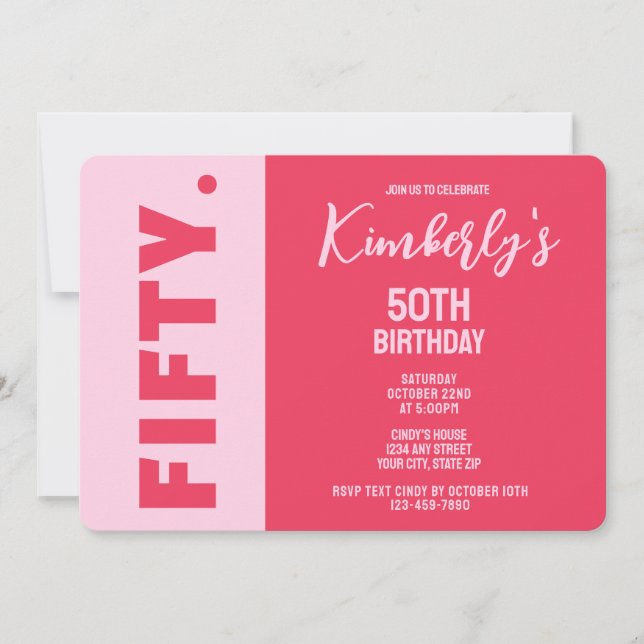 Simple Modern Bold Pink & Red 50th Birthday Invitation (Front)