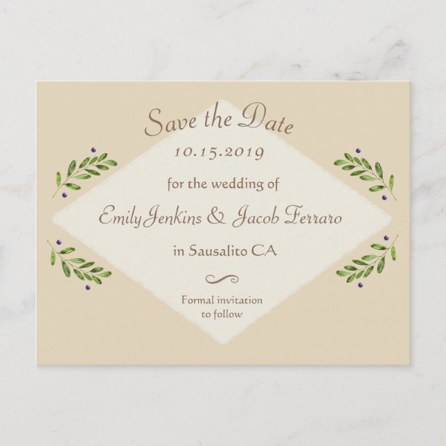 Simple Modern Botanical Wedding Save the Date Announcement Postcard (Front)