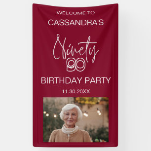 Simple Modern Burgundy Photo 90th Birthday Welcome Banner
