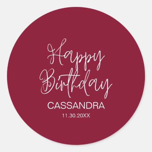 Simple Modern Burgundy Typography Birthday Classic Round Sticker (Front)