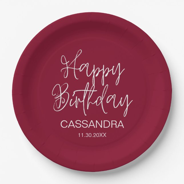 Simple Modern Burgundy Typography Birthday Paper Plate (Front)