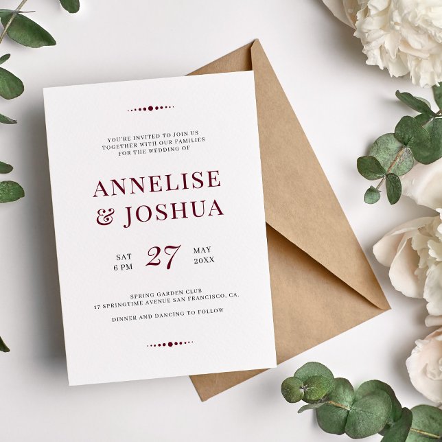 Simple modern burgundy typography wedding invitation (Creator Uploaded)