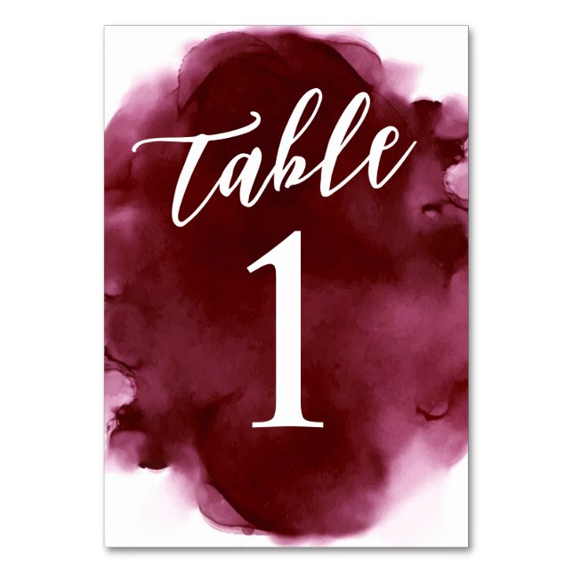 Simple Modern Burgundy Watercolor Table Number (Front)