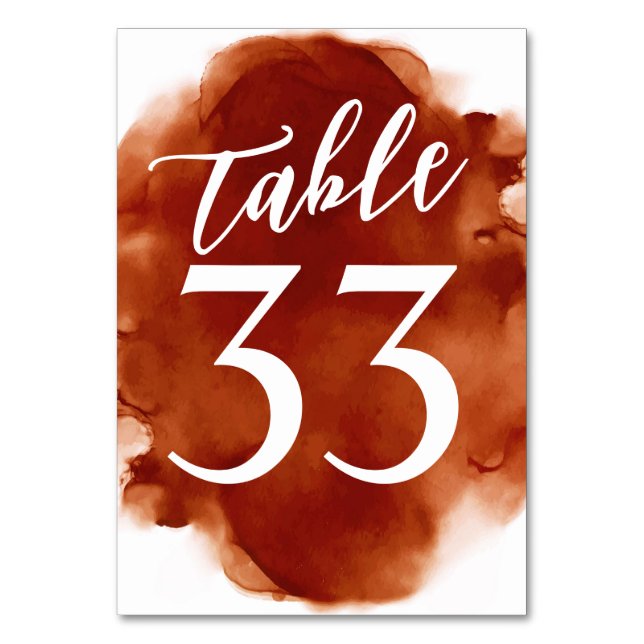 Simple Modern Burnt Orange Watercolor Table Number (Front)