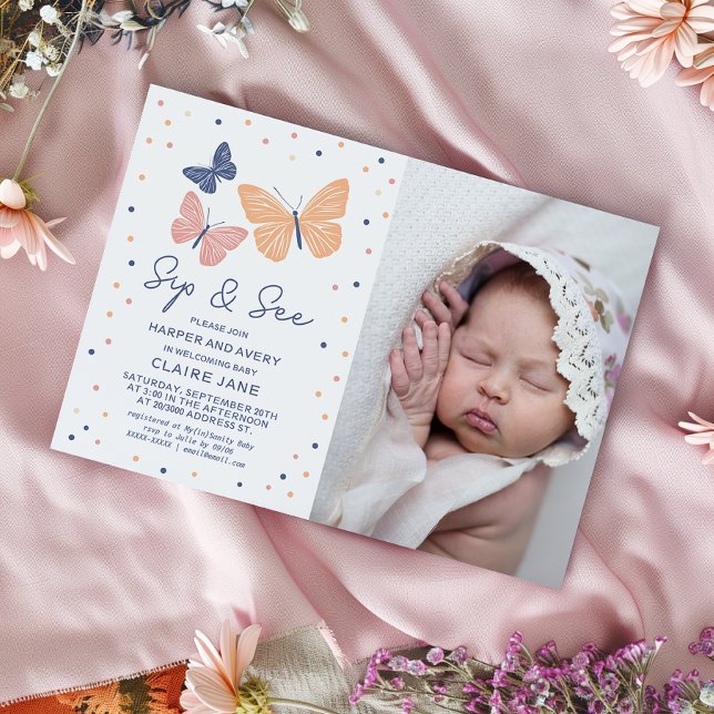 Simple Modern Butterfly Photo Sip and See Invitation (Modern and simple design featuring butterflies and elegant typography.)