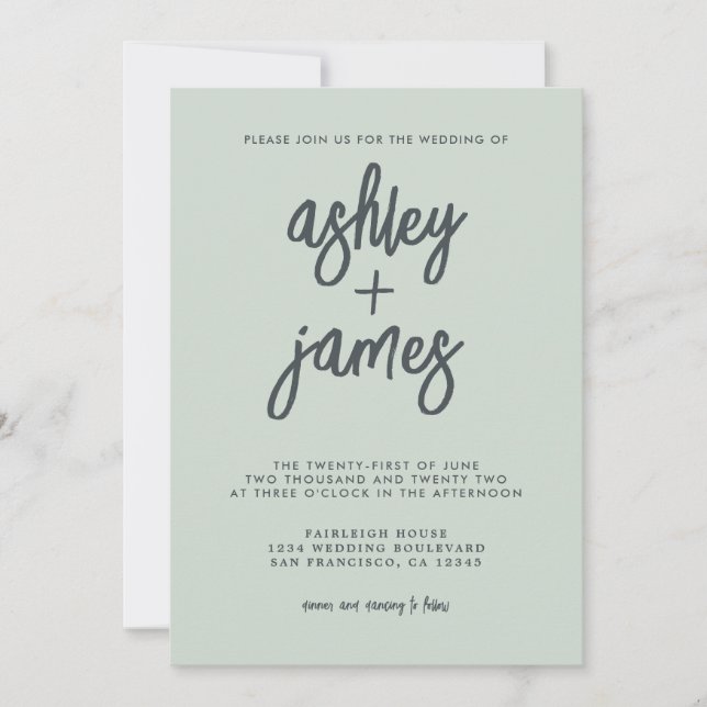 Simple Modern Calligraphy Pastel Green Wedding Invitation (Front)