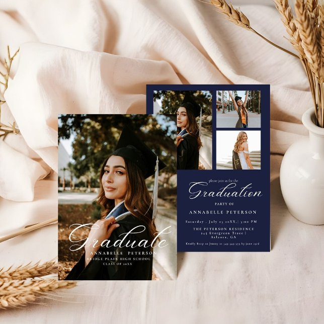 Simple Modern Calligraphy Photo Blue Graduation  Invitation (Creator Uploaded)