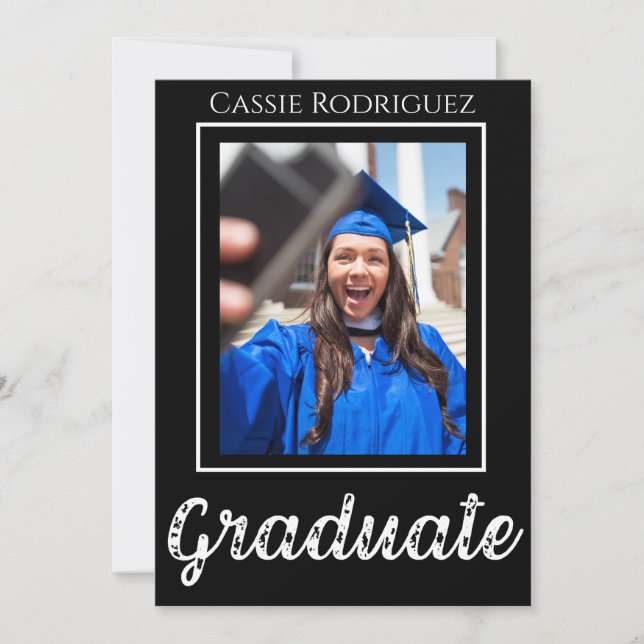 Simple Modern Calligraphy Photo Graduation Black Invitation (Front)