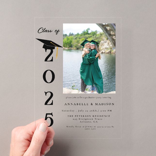 Simple Modern Calligraphy Photo Twin Graduation Acrylic Invitations (Insitu (Handheld))