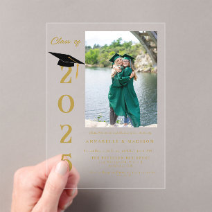 Simple Modern Calligraphy Photo Twin Graduation Acrylic Invitations