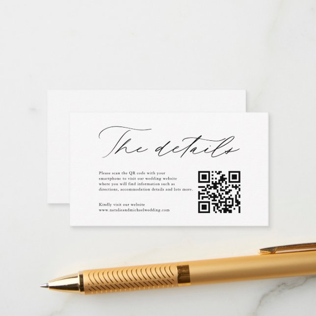 Simple Modern Calligraphy QR Code Wedding Details Enclosure Card (Front/Back In Situ)