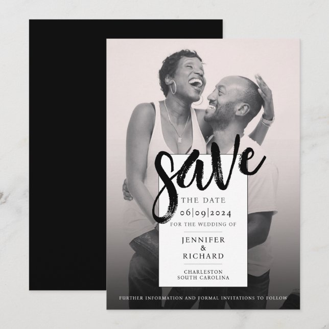 Simple Modern Chic Black And White Photo Wedding Save The Date (Front/Back)