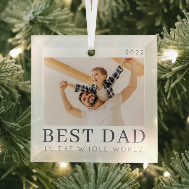 Simple Modern Chic Custom Best Dad Photo Glass Ornament (Insitu)