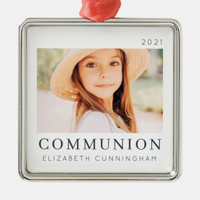 Simple Modern Chic Custom First Communion Photo Metal Ornament (Front)
