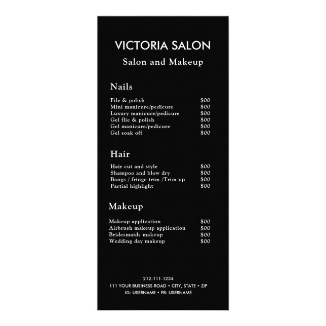 Simple Modern Chic Unique White Salon Service Menu (Front)