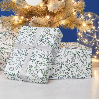 Simple Modern Christmas Green Holly Leaves Yule Wrapping Paper