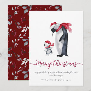 Simple Modern Christmas Penguin Botanical Holiday Card