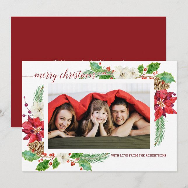 Simple Modern Christmas Poinsettia Floral Holly Invitation (Front/Back)