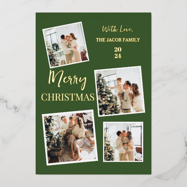 Simple modern Christmas Tree Family 4 Photo Foil Holiday Card (Front)