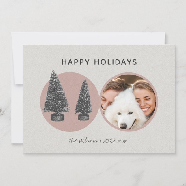 Simple Modern Christmas Trees Pink Circle Photo Holiday Card (Front)
