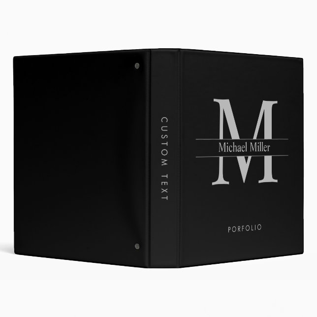 Simple Modern Classic Black Grey Monogram 3 Ring B Binder (Background)