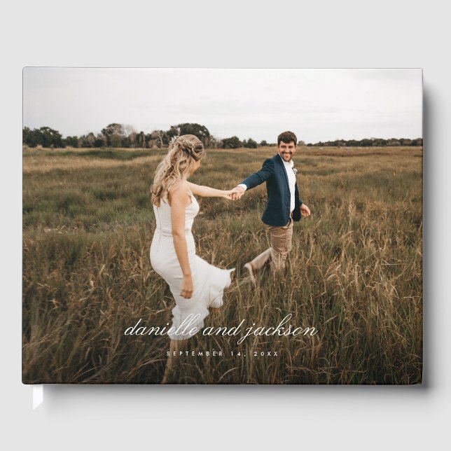 Simple Modern Classic Script Full Photo Wedding Guest Book (Front)
