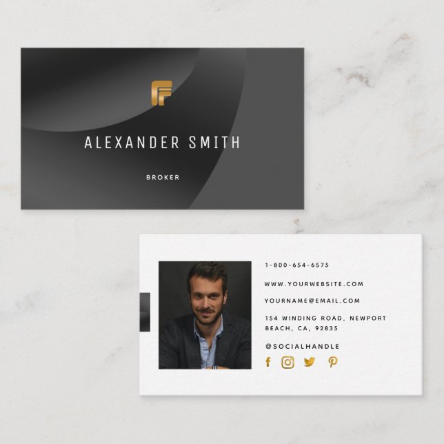 Simple Modern Classy Black Gold Professional Photo Business Card (Front/Back)
