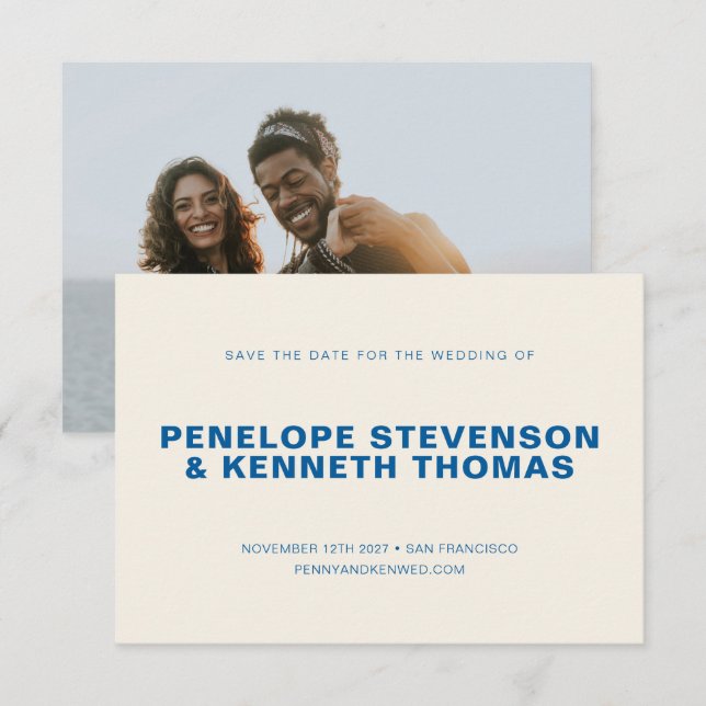 Simple Modern Cobalt Blue Photo Wedding Save The Date (Front/Back)
