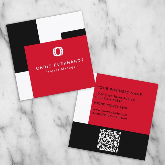 Simple Modern Colour Block Red White and Black Square Business Card (Creator Uploaded)