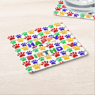 Simple Modern colourful Paw Pet birthday party Square Paper Coaster