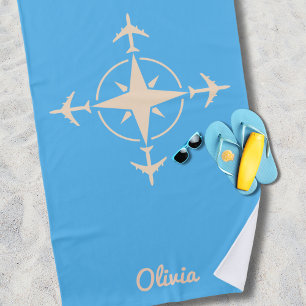 Simple Modern Compass and Airplane Travel Custom Beach Towel