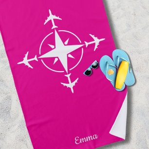 Simple Modern Compass and Airplane, Travel Custom Beach Towel