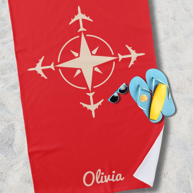 Simple Modern Compass and Airplane Travel Custom Beach Towel (Creator Uploaded)